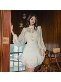 Korea style Round collar Lantern sleeve dress 