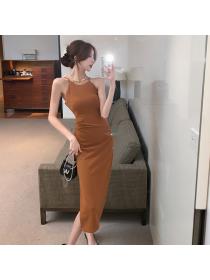 Korea style Sexy Solid color Halter dress 