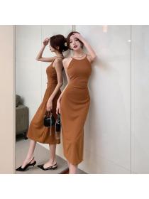Korea style Sexy Solid color Halter dress 