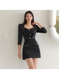 Korea style Fashion Suit collar Long sleeve dress 