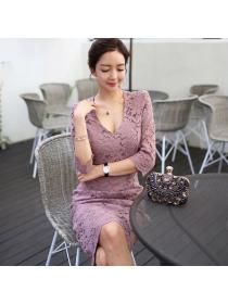Korea style Eelgant Fashion V collar Long sleeve dress 