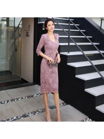 Korea style Eelgant Fashion V collar Long sleeve dress 