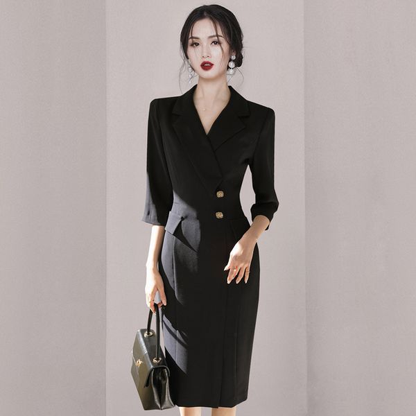 Korea style Eelgant OL Fashion Suit collar Long sleeve dress