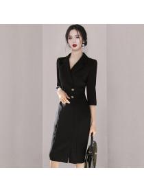 Korea style Eelgant OL Fashion Suit collar Long sleeve dress 