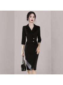 Korea style Eelgant OL Fashion Suit collar Long sleeve dress 