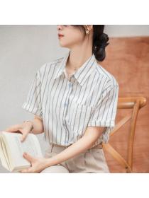 Retro style Stripe Casual Short sleeve blouse 