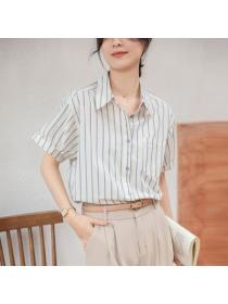 Retro style Stripe Casual Short sleeve blouse 