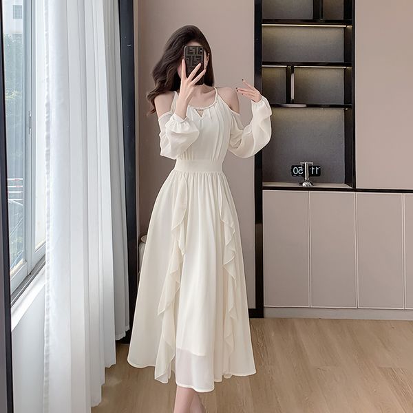 Korea style Off shoulder Solid color Long dress 