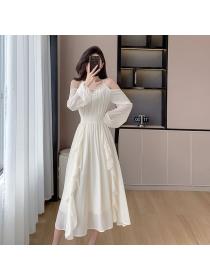Korea style Off shoulder Solid color Long dress 