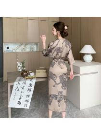 Korea style V neck Mid waist Long dress 