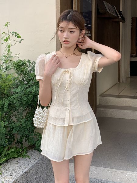 Korea style Summer Square neck Top+A-line shorts