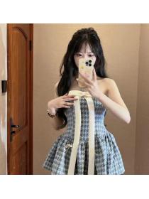 Korea style Summer Sexy Plaid Off soulder dress 