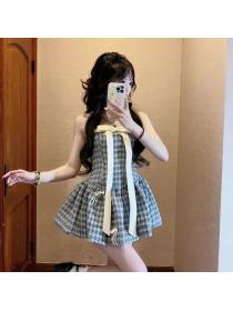 Korea style Summer Sexy Plaid Off soulder dress 