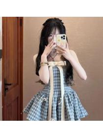 Korea style Summer Sexy Plaid Off soulder dress 