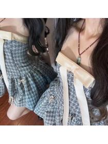 Korea style Summer Sexy Plaid Off soulder dress 