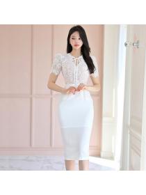 Korea style Summer Elegant Lace Short sleeve dress 