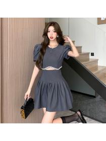 Korea fashion Summer Cutout style Short sleeve A-line dress 