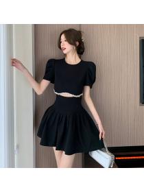 Korea fashion Summer Cutout style Short sleeve A-line dress 