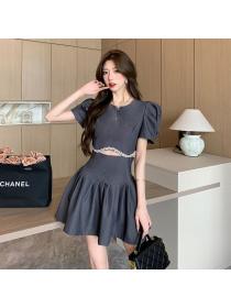 Korea fashion Summer Cutout style Short sleeve A-line dress 