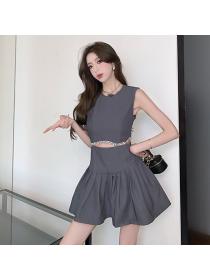 Korea fashion Summer Cutout style Sleeveless A-line dress 