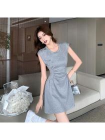 Korea fashion Summer A-line High waist Sleeveless dress 