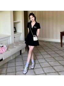 Korea style Polo collar Short sleeve Dress+Shorts 