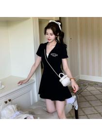 Korea style Polo collar Short sleeve Dress+Shorts 