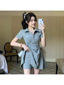Korea style Polo collar Short sleeve Dress+Shorts 