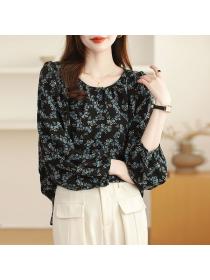 Korea style Loose Round collar Chiffon Top 