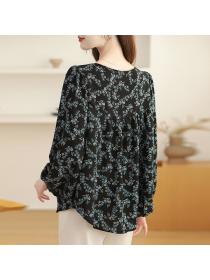 Korea style Loose Round collar Chiffon Top 