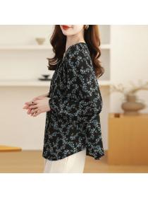 Korea style Loose Round collar Chiffon Top 