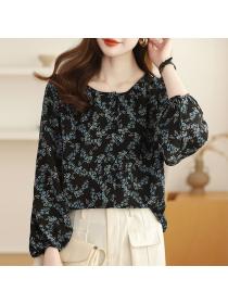 Korea style Loose Round collar Chiffon Top 