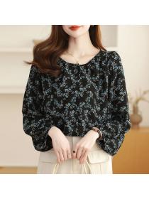 Korea style Loose Round collar Chiffon Top 