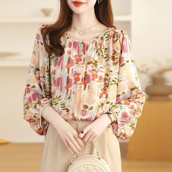 Vintage style Loose Round collar Floral Chiffon Shirt