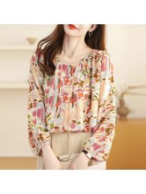 Vintage style Loose Round collar Floral Chiffon Shirt