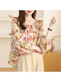 Vintage style Loose Round collar Floral Chiffon Shirt