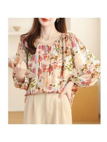 Vintage style Loose Round collar Floral Chiffon Shirt