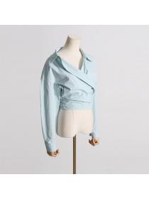 European fashion Dew shoulder Simple Solid color Blouse 