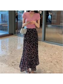 Korea style Summer Floral Skirt+Black T-shirt 