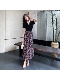 Korea style Summer Floral Skirt+Black T-shirt 