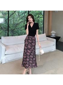 Korea style Summer Floral Skirt+Black T-shirt 