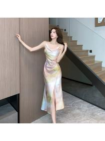 Korea style Fashion Printed High waist Satin Strap dress 