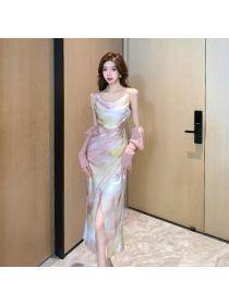 Korea style Fashion Printed High waist Satin Strap dress 