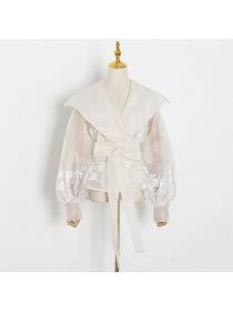 European style Sexy V collar Embroidery Retro blouse