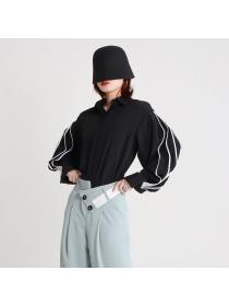 European style Lantern sleeve Stripe Blouse for women