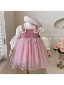 Korea style Fashion Cotton Fake Two piece Child dress 