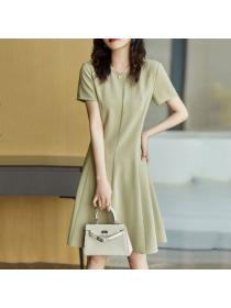 Korea style Elegant Slim Green Short sleeve dress for women