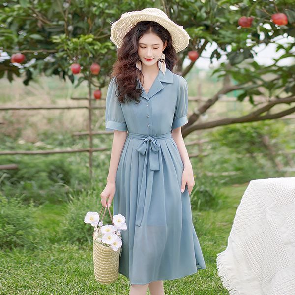 Korea style Elegant Blue Chiffon Short sleeve dress for women