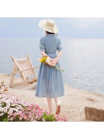 Korea style Elegant Blue Chiffon Short sleeve dress for women