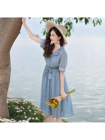 Korea style Elegant Blue Chiffon Short sleeve dress for women